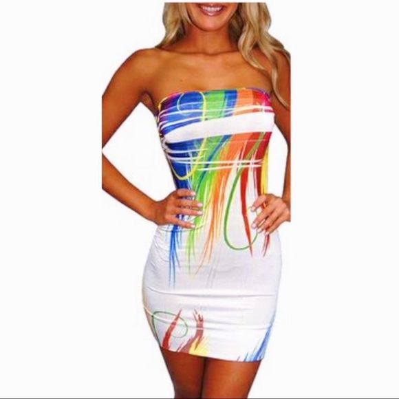 🌈 ⭐️5 FOR 25⭐️🌈Great Glam Abstract Design White Strapless Dress - Picture 1 of 6